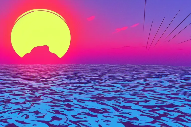 Image similar to Synthwave style sunset above the reflective sea in the style of Artstation