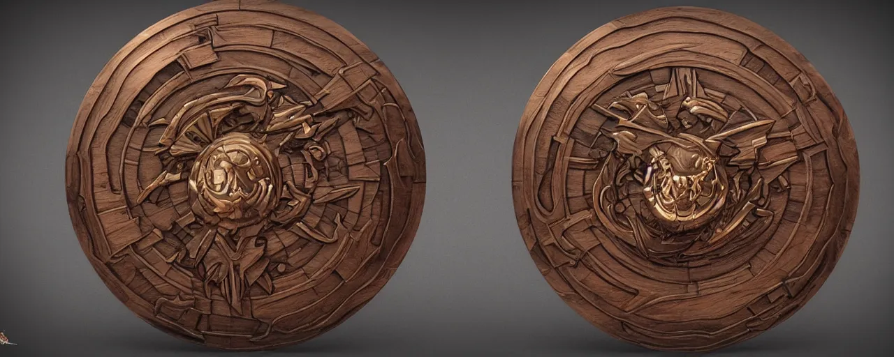 Prompt: wooden ring with a shield ornament, ring, wood, steel, shield, smooth shank, engravings, product design, jewelry, art by gerald brom, greg rutkowski and artgerm and james jean and zdzisław beksinski, 8 k, unreal engine, c 4 d
