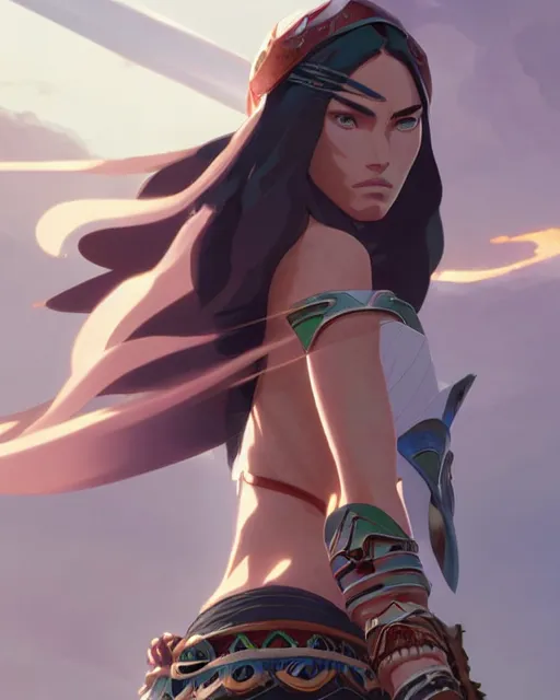 Image similar to azctec warrior, megan fox, gemstone, detailed perfect face, exquisite details, fire magic, mid view, design on a white background, by studio muti, greg rutkowski makoto shinkai takashi takeuchi studio ghibli