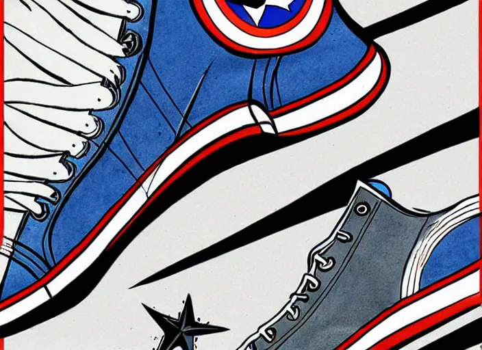 Image similar to sneakers of captain america by tim burton, view from the side, comics book cover style