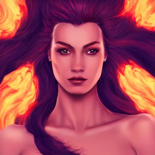 Prompt: a stunning upper body portrait of a beautiful woman with burning hair by marvel comics, digital art, trending on artstation