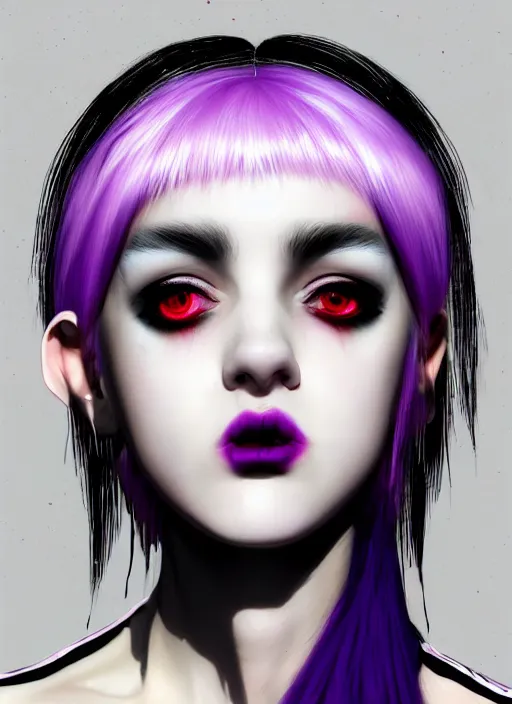 Prompt: whitebangs, black hair, black cyberlox, portrait of white teenage girl, normal face, white bangs, mall goth, cyberlox, whitebangs, red contact lenses, purple lipstick, intricate, elegant, highly detailed, digital painting, artstation, concept art, sharp focus, smooth, illustration, art by wlop, mars ravelo and greg rutkowski