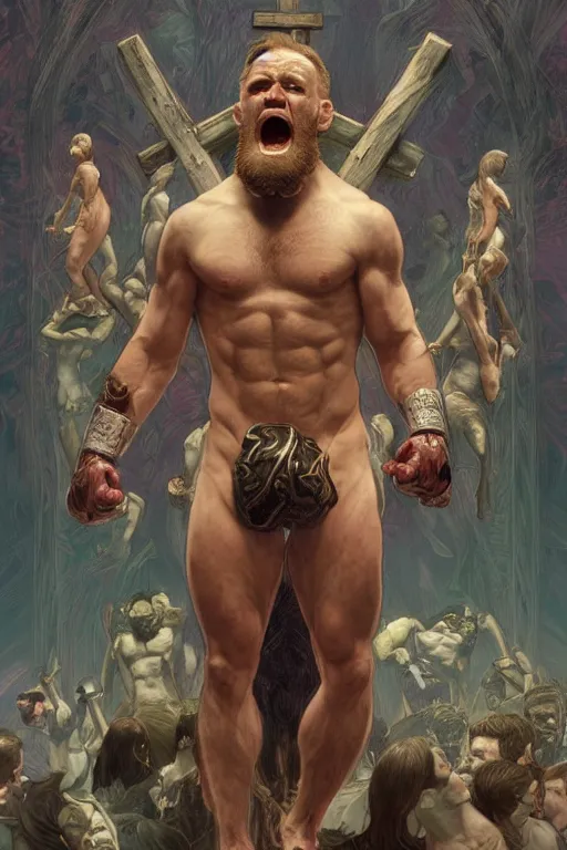 Image similar to crucified hulking herculean ogre conor mcgregor, masterpiece, intricate, elegant, highly detailed, digital painting, artstation, concept art, smooth, sharp focus, illustration, art by artgerm and greg rutkowski and alphonse mucha and uang guangjian and gil elvgren and sachin teng, symmetry!!