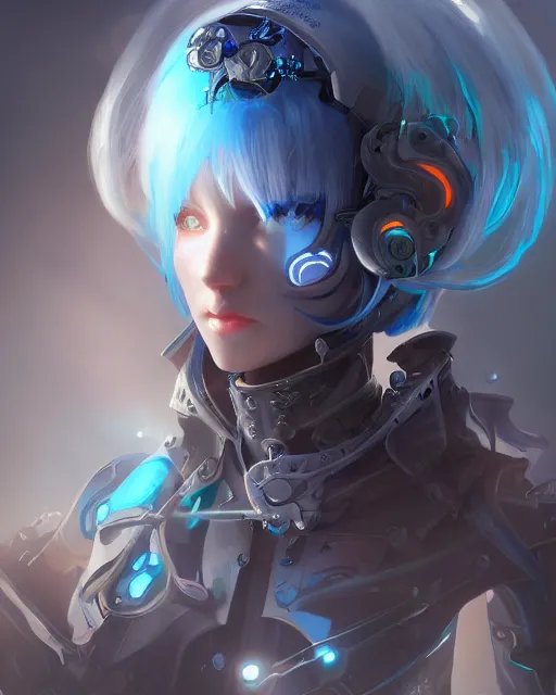 Image similar to holy cyborg necromancer girl, elegant, scifi, futuristic, utopia, garden, illustration, atmosphere, top lighting, blue eyes, white hair, focused, artstation, highly detailed, art by yuhong ding and chengwei pan and serafleur and ina wong