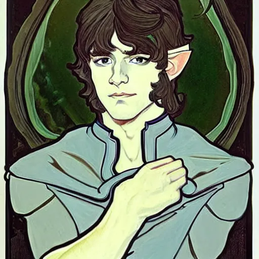 Prompt: painting of handsome beautiful ice blue eyed paladin elf! man with long wavy dark hair in his 2 0 s named shadow taehyung at the cucumber soup party, wearing armor!, elegant, clear, painting, stylized, delicate, soft facial features, art, art by alphonse mucha, vincent van gogh, egon schiele,