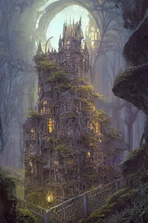 Image similar to a highly detailed magical wizard's tower, elegant, intricate, digital painting by alan lee, dan mumford, craig mullins, andrea rocha, hubert robert, syd mead.