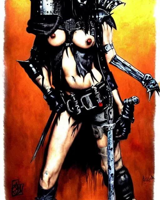 Prompt: portrait of a skinny punk goth thief wearing armor by simon bisley, john blance, frank frazetta, fantasy, barbarian, hardcore