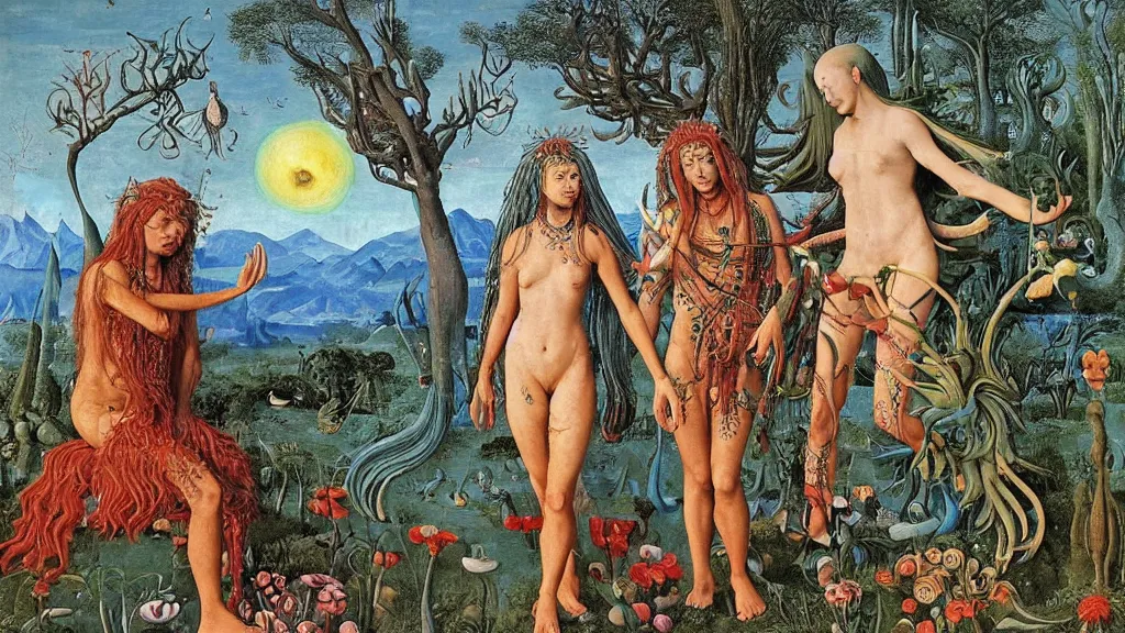 Prompt: a photograph of a meditating centaur shaman and a harpy mermaid mutating into beautiful aliens. surrounded by bulbous flowers and a few trees. river delta with mountains under a blue sky full of burning stars and birds. painted by jan van eyck, max ernst, ernst haeckel, ernst fuchs and artgerm. trending on artstation