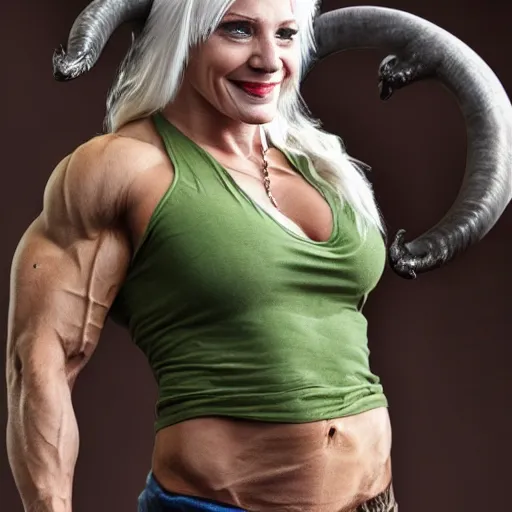 Prompt: female tiefling bodybuilder, white hair, t - shirt, ram horns, smile, grey skin, green eyes