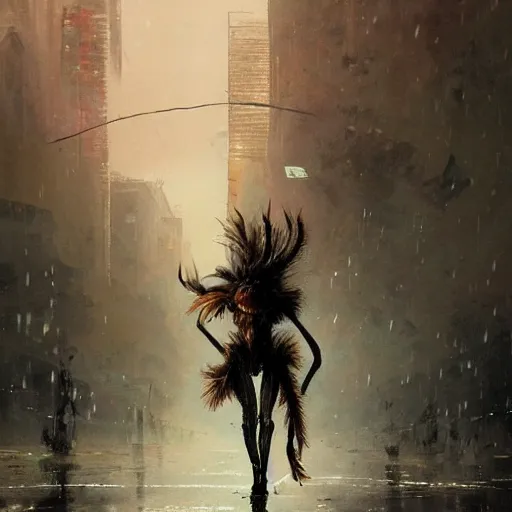 Image similar to A colossal tarantula walking in the rain, cinematic lighting, dramatic atmosphere, by Dustin Nguyen, Akihiko Yoshida, Greg Tocchini, Greg Rutkowski, Cliff Chiang, 4k resolution, trending on artstation,1900s