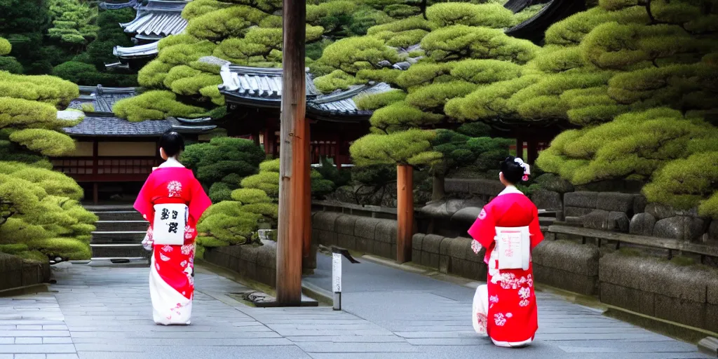 Prompt: geisha, kyoto walking to a shrine