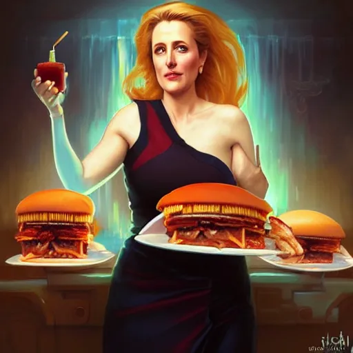 Image similar to Gillian Anderson eating triple big macs, dripping BBQ Sauce, serving big macs, D&D, spilling ketchup, fantasy, intricate, elegant, highly detailed, digital painting, artstation, concept art, matte, sharp focus, illustration, hearthstone, art by Artgerm and Greg Rutkowski and Alphonse Mucha