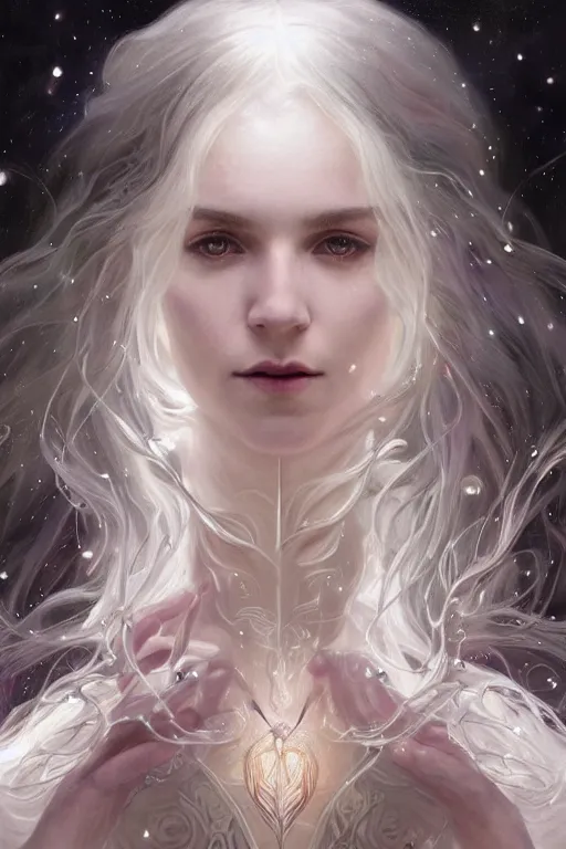 Image similar to realistic portrait of a beautiful white witch, crafting spells, bright witch, beautiful face, fantasy, chaos, magic, dark magic, dramatic lighting, intricate, wild, highly detailed, digital painting, artstation, concept art, smooth, sharp focus, illustration, art by artgerm and greg rutkowski and alphonse mucha, footage from space camera