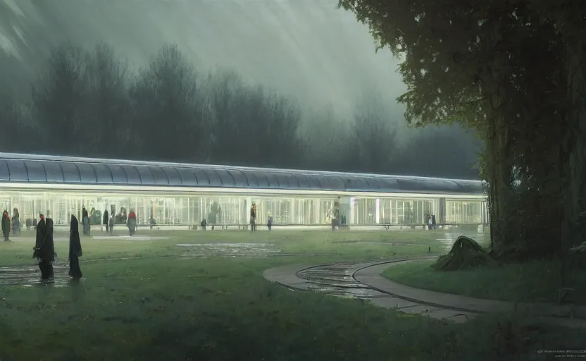 Image similar to painting of a wide angle exterior shot of a white modern futuristic utopian train station in the middle of an english garden with cinematic lighting by peter zumthor and renzo piano, darek zabrocki and greg ruthkowski, alphonse mucha, simon stalenhag and cinematic and blue cold atmospheric, archillect concept art, artstation, trending on artstation