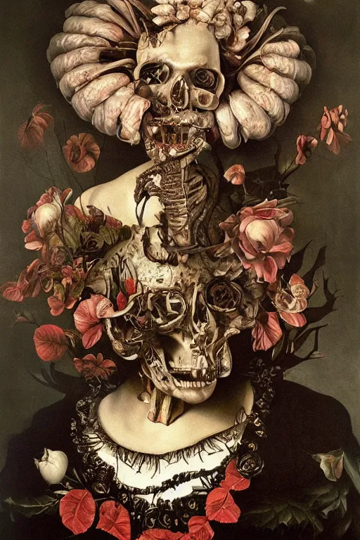 Image similar to Detailed maximalist portrait with large lips and with large, wide eyes, sad expression, extra bones, flesh, HD mixed media, 3D collage, highly detailed and intricate, surreal, illustration in the style of Caravaggio, dark art, baroque