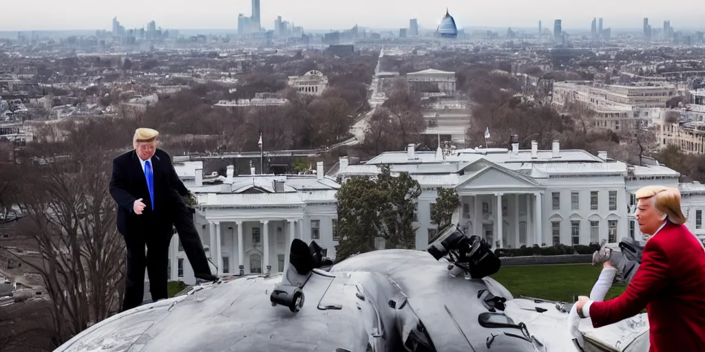 Prompt: a professional cinematic photo of donald trump 1 v 1 fighting elon musk on top of white house. extremely high fidelity. key light.