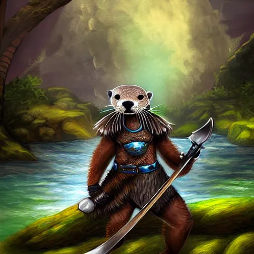 Image similar to furry otter warrior, fantasy art, lightweight armour, near the river, waterfall, digital art, high quality