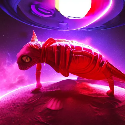 Prompt: aliens inside of a haunted space ship experimenting on humans with giant cats filled with a neon red alien substance, volumetric lighting, ultra detailed