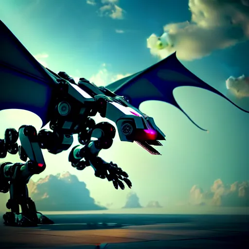 Prompt: a mecha dragon flying in the sky transporting someone, photorealistic 3 d octane render, unreal engine