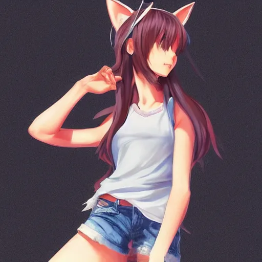 Prompt: A full body anime portrait of beautiful girl with cat ears, wearing a tank top and blue jean shorts; by Stanley Artgerm Lau, WLOP, Rossdraws, James Jean, Andrei Riabovitchev, Marc Simonetti, and Sakimichan, trending on artstation