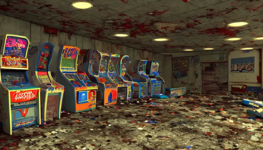 Prompt: abandoned 9 0's arcade room, cobwebs, dust, particles, dusty, arcade machines, hyperdetailed, artstation, cgsociety, 8 k