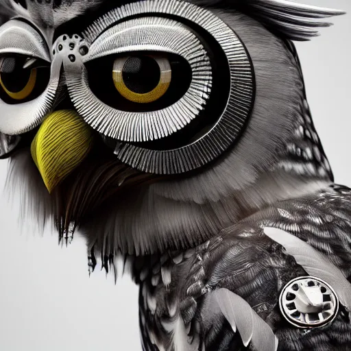 Image similar to detailed portrait of a mechanic owl, watch on his head, feathers from mechanical watch parts, in half a turn, hyper detailed, stylistic, symmetrical, 3 d render, 8 k, octane render