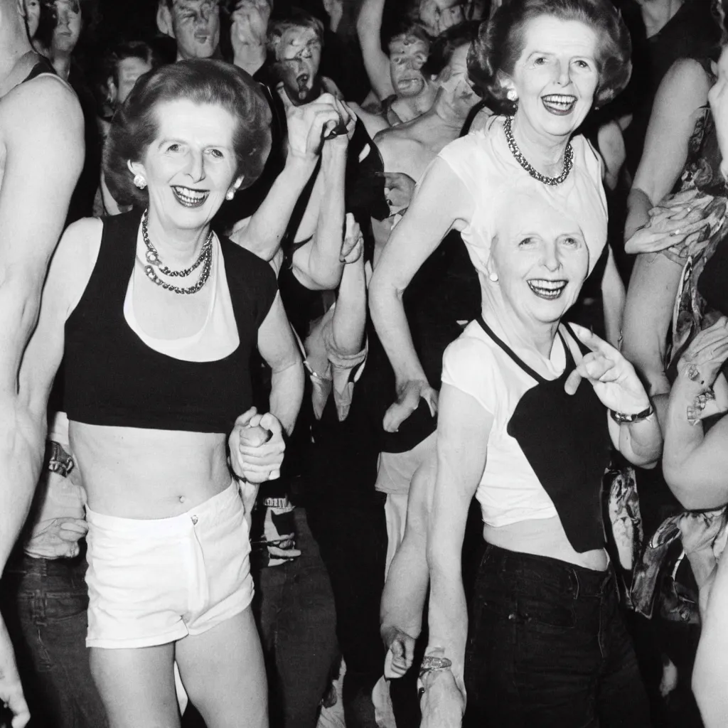 Image similar to margaret thatcher smiling, dancing in a night club wearing a black crop tank top and jeans shorts, photography