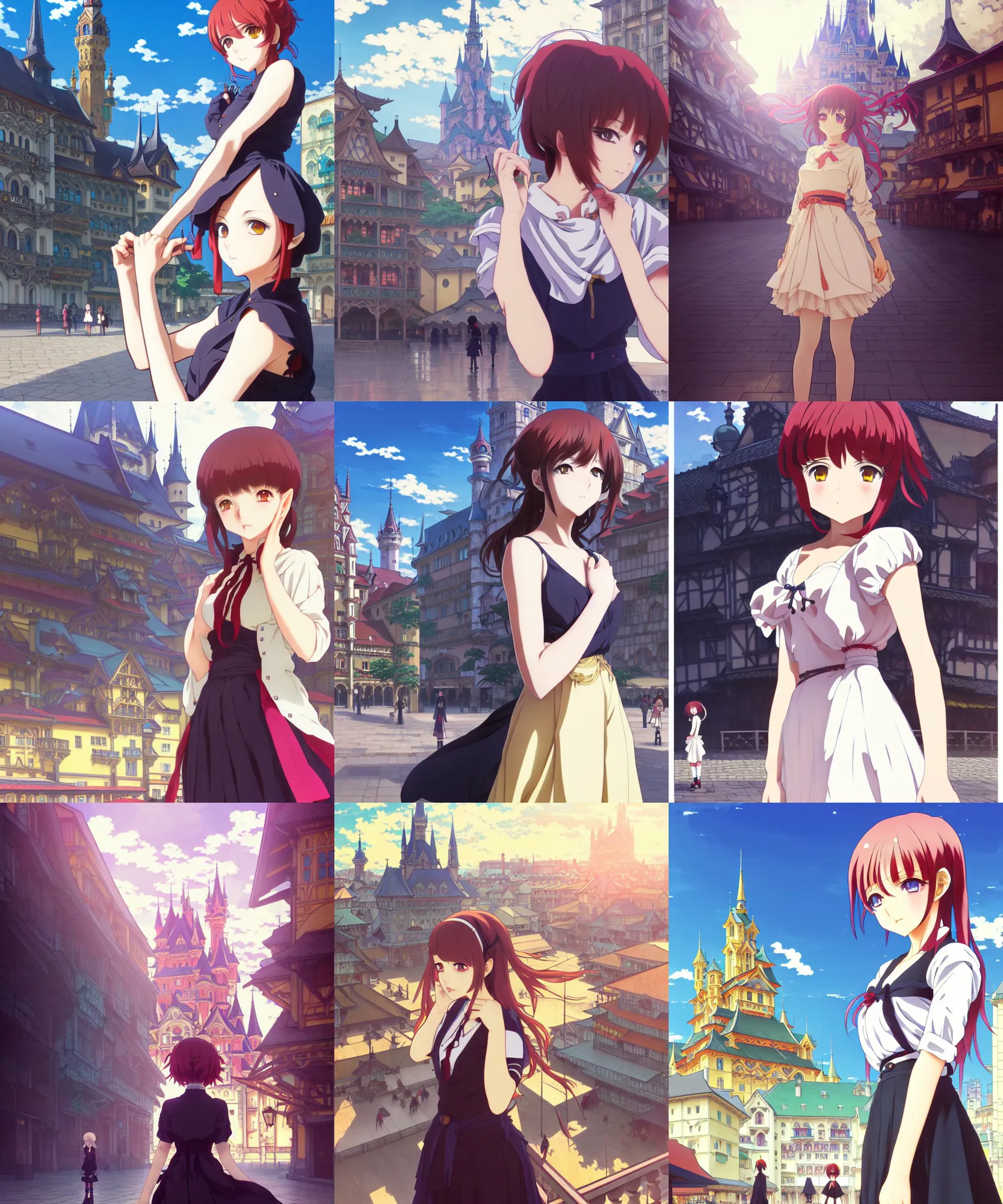 Prompt: anime frames, anime visual, full body portrait of a young woman in the medieval city square looking at the fantasy palace in the distance, cute face by ilya kuvshinov, alphonse mucha, dynamic pose, dynamic perspective, rounded eyes, moody, psycho pass, kyoani, yoh yoshinari