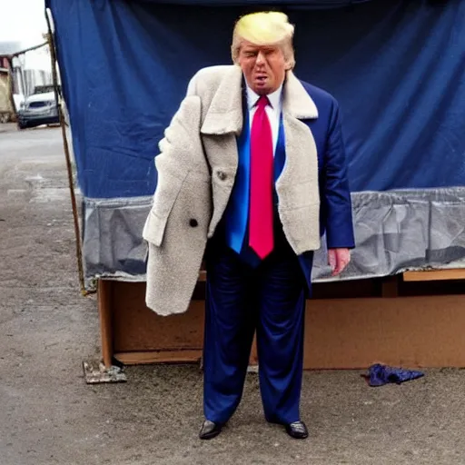 Image similar to donald trump dressed as a homeless man living in the slums