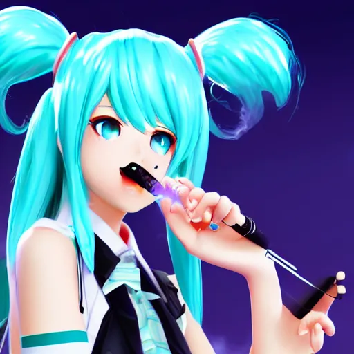 Image similar to hatsune miku smoking a vape pen in her right hand | smoke coming out of her mouth, artstation, 4 k