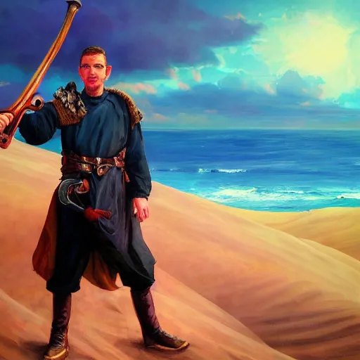 Prompt: a man holding a large blunderbuss. standing in a sand dune. colorful, bright, fantasy, artgerm, dnd, fantasy, rpg