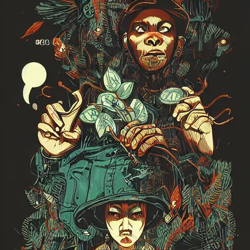 Prompt: monkey, Hip Hop, Dark, Intense, Dramatic, Highly Detailed by Sachin Teng