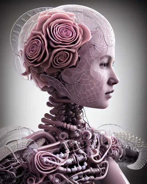 Image similar to mythical dreamy organic bio - mechanical spinal ribbed profile face portrait detail of translucent steampunk beautiful intricated monochrome angelic - human - queen - vegetal - cyborg, highly detailed, intricate translucent pale pink ivy jelly ornate, poetic, translucent roses ornate, 3 d render, digital art, octane render, 8 k artistic photography