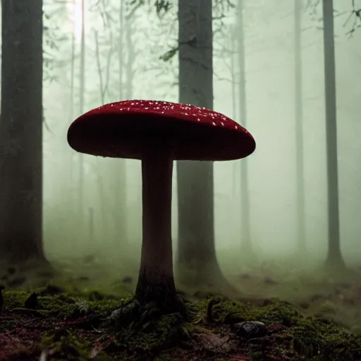 Prompt: a professional detailed photo of a mushroom in a dark foggy forest, backlighted, dramatic lighting
