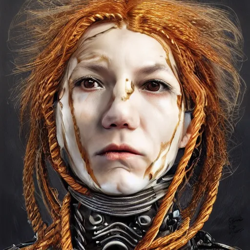 Prompt: portrait of a Shibari rope wrapped face and neck, headshot, insanely nice professional hair style, dramatic hair color, digital painting, of a old 17th century, old cyborg merchant, amber jewels, baroque, ornate clothing, scifi, realistic, hyperdetailed, chiaroscuro, concept art, art by Franz Hals and Jon Foster and Ayami Kojima and Amano and Karol Bak,