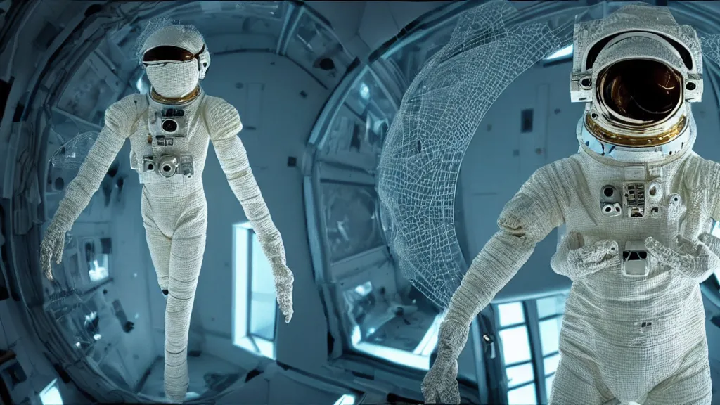 Image similar to a astronaut eva suit covered in diamond 3d fractal lace iridescent bubble 3d skin and covered with insectoid compound eye camera lenses floats through the living room, film still from the movie directed by Denis Villeneuve with art direction by Salvador Dalí, wide lens,