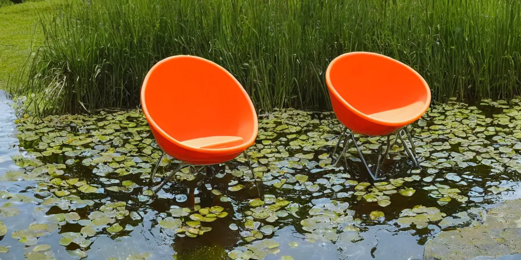 Prompt: plastic orange chair in the pond