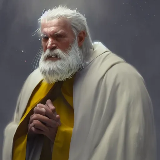 Image similar to 8k an elderly imperial priest with white and yellow vestments a long white beard and a worried and somewhat paranoid expression, by Raymond Swanland Greg Rutkowski Lise Deharm, intricate, masterpiece, sharp, digital art, ArtStation, CGStation, 4k