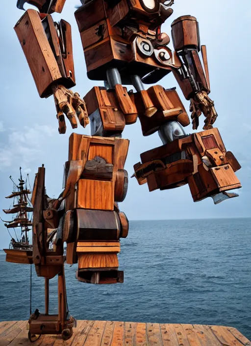 Image similar to A giant wooden bipedal autobot transformer made out of pirate ship, canons on arms, wooden mast for legs, sails, digital art