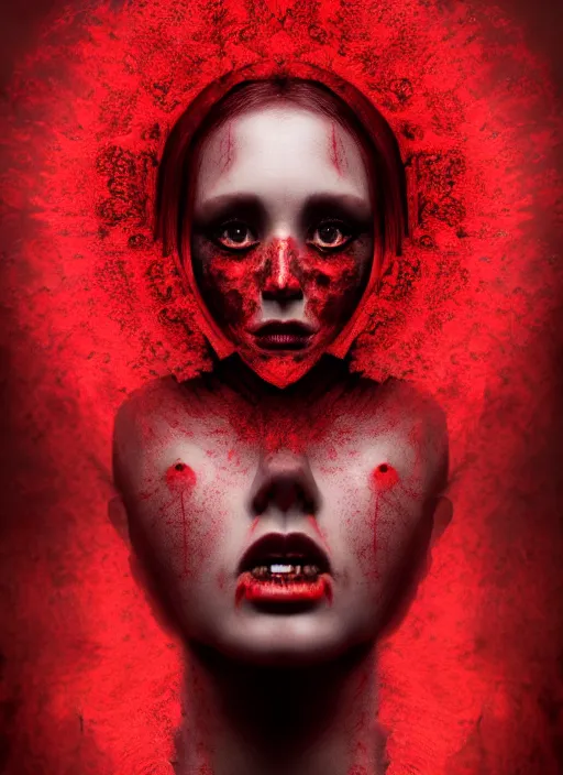 Image similar to dramatic red matte portrait painting of woman with black mandelbrot fractal instead of face, horror, body horror, dark art, 4 k, detailed, realistic, psychotic, insane, crazy, mental illness, dramatic,