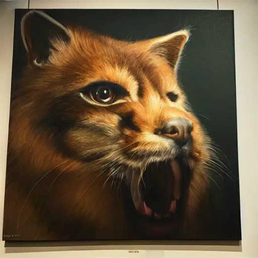 Image similar to a furry painting in a musuem, ultra realistic