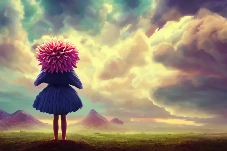 Image similar to closeup giant dahlia flower as head, girl standing on mountain, surreal photography, blue storm clouds, dramatic light, impressionist painting, digital painting, artstation, simon stalenhag