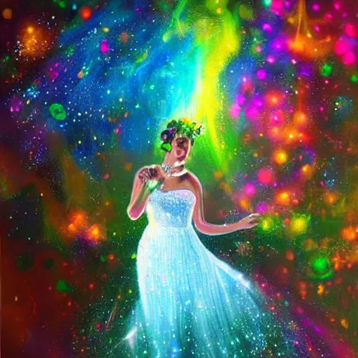 Image similar to a an ultra happy bridesmaid, majestic, disco balls, 8k resolution vivid painting trending on artstation Pill my face, still life A supersonic highway of light that allows you to drive