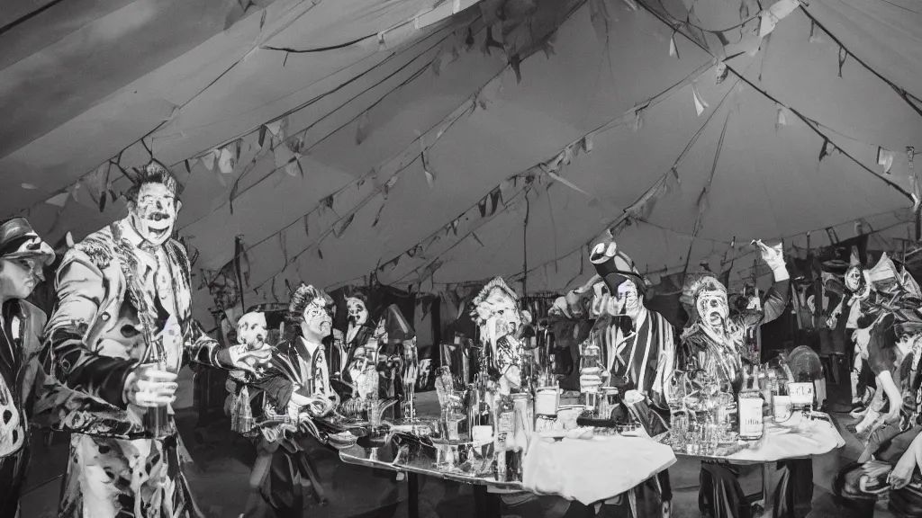 Prompt: of a gang of circus clowns, drinking alcohol, inside a circus tent, matt painting