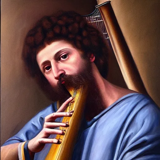 Prompt: detailed hyper - realistic painting of king david playing the harp