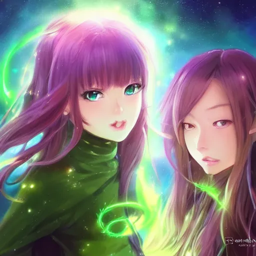 Prompt: A realistic anime painting of two beautiful cosmic girls with glowing green eyes and cosmic skin wearing dresses made out of the galaxy. digital painting. by Stanley Artgerm Lau, Sakimichan. WLOP. Makoto Shinkai. Rossdraws. Pixivs. digital render. trending on Pixiv. SFW version —H 1024