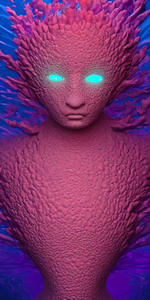Prompt: Face of a Alien Deity, corals, plume made of fractals, extremly detailed digital painting, in the style of Beeple, mystical colors, rim light, beautiful lighting, 8k, stunning scene, raytracing, octane, trending on artstation