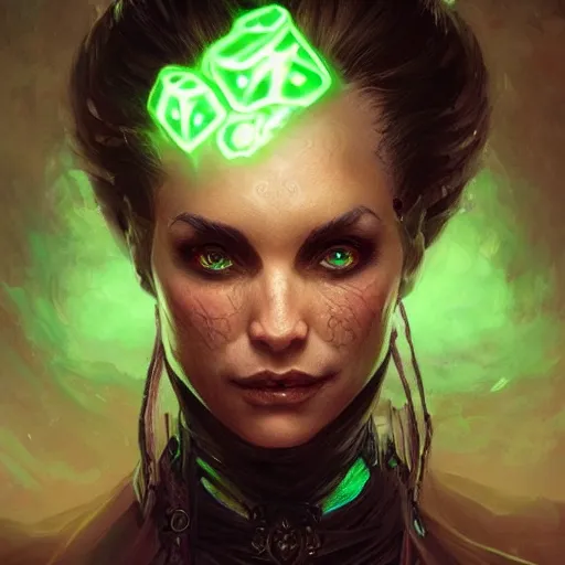 Image similar to portrait of a evil necromancer with green glowing eyes, D&D, fantasy, intricate, elegant, highly detailed, digital painting, artstation, concept art, smooth, sharp focus, illustration, art by artgerm and greg rutkowski and alphonse mucha