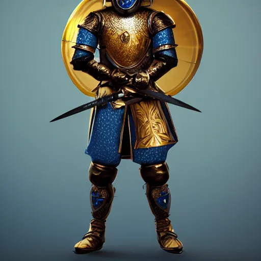 Image similar to a highly detailed knight in a T golden helmet and a golden crown with a blue diamond in the center, golden armor, leather clothes under the armor, leather gloves, holds a black sword, artstation, DeviantArt, professional, octane render, sunset lighting