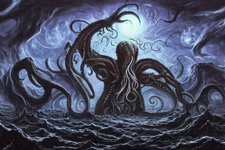 Image similar to man is seeing old god eldritch horror cthulhu terrifying the night sky of a city, epic scene, hyper - detailed, gigantic cthulhu, photo - realistic wallpaper, dark art, oil paint